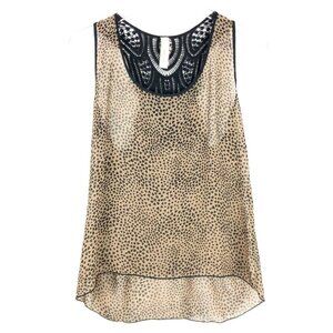 Robin-K Top Women's Large Tan Black Heart Print Crocheted Racer Back Tank Boho
